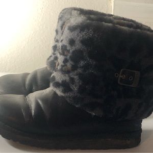 UGG Ellee Brown Leather Animal Print Shearling Winter Snow Boot 1003723K Size 6